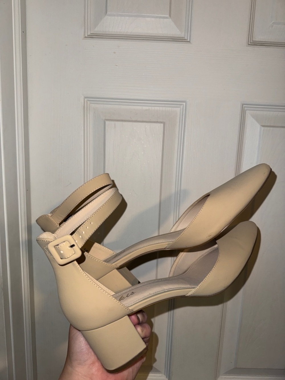 Block Heel Ankle-Strap Pumps in Beige